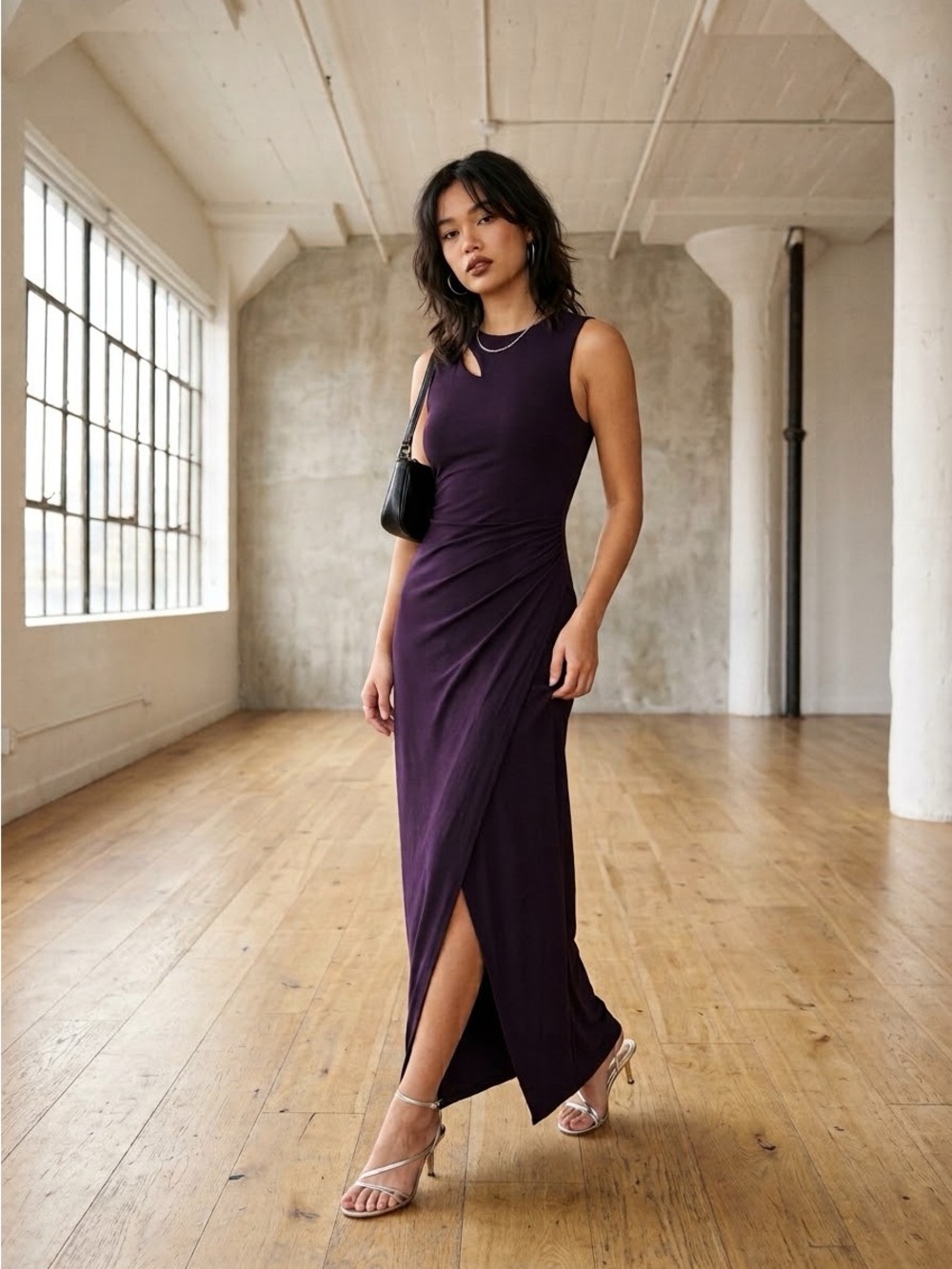 Vintage 90s Donna Karan Runway Purple Draped Jersey Cutout Maxi Dress - Medium